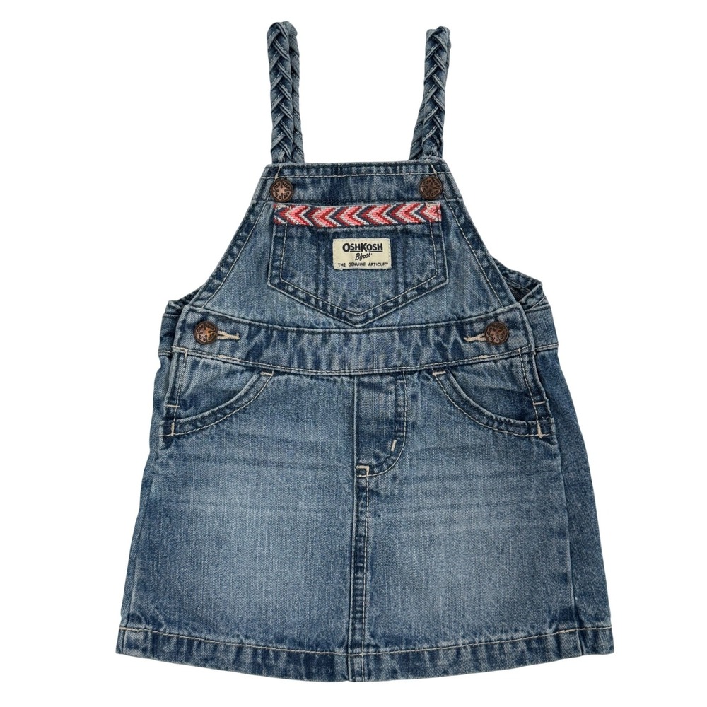 OshKosh Bgosh Baby Girls 9M Denim Overall Jumper Dress Braided Straps Blue K49